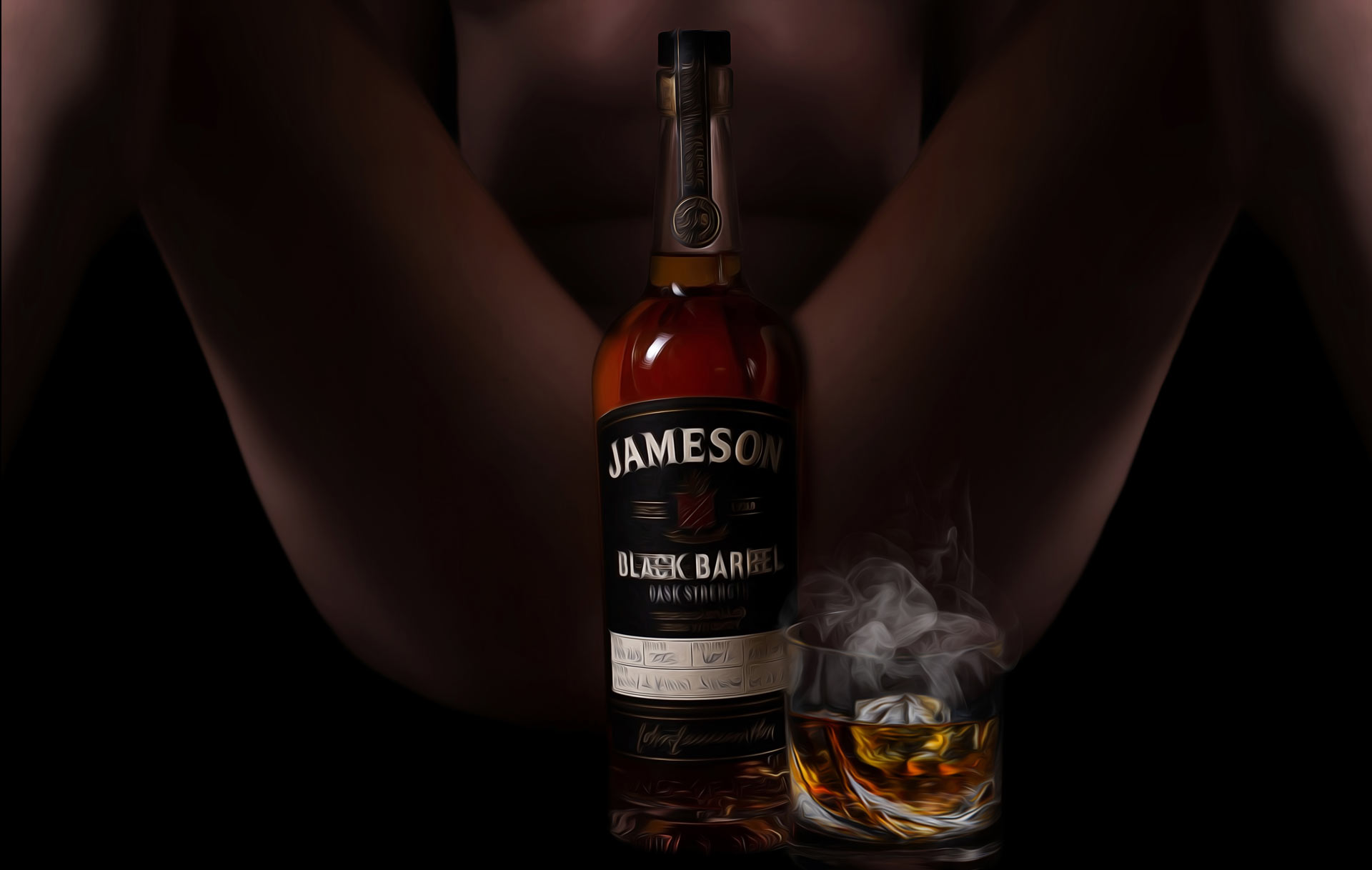 female legs open with a bottle of jameson whiskey and a glass of smokey old fashioned between her legs