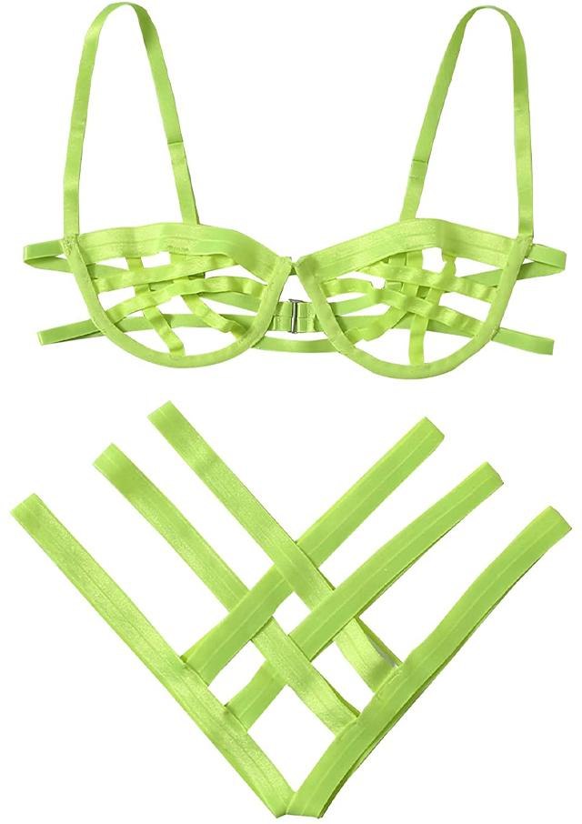 Neon Green Strappy Cage Bra and Panties